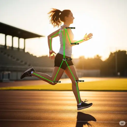 Track Tools Pro Motion Lens screenshot with biomechanical overlay on a runner