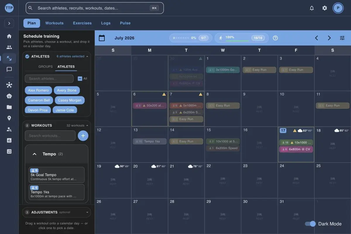 Track Tools Pro training calendar with groups and drag-and-drop planning