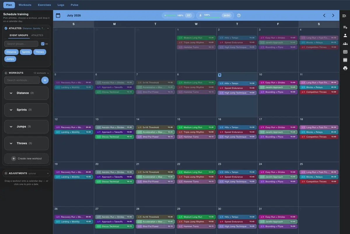 Track Tools Pro training calendar with groups and drag-and-drop planning