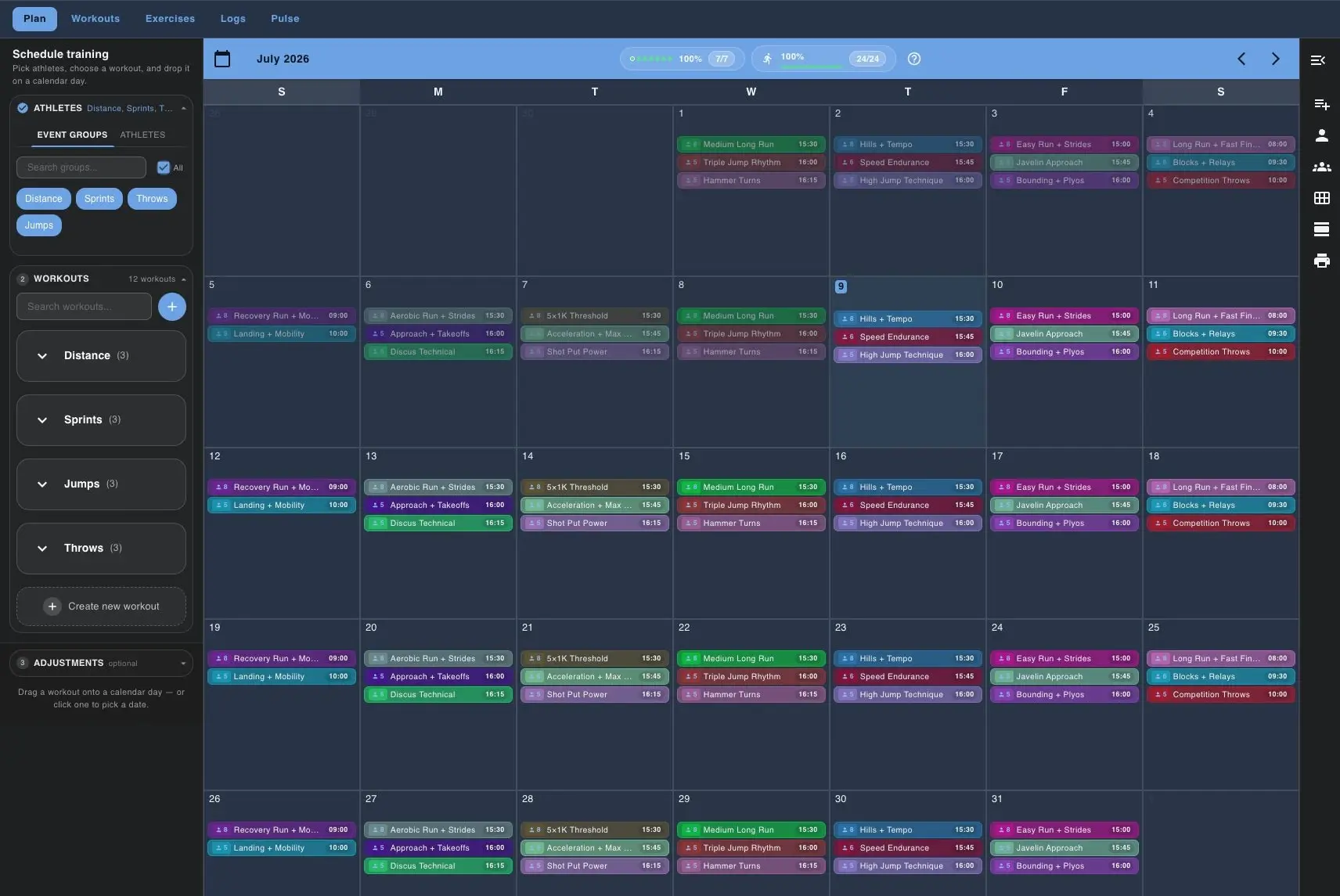 Track Tools Pro training calendar with groups and drag-and-drop planning